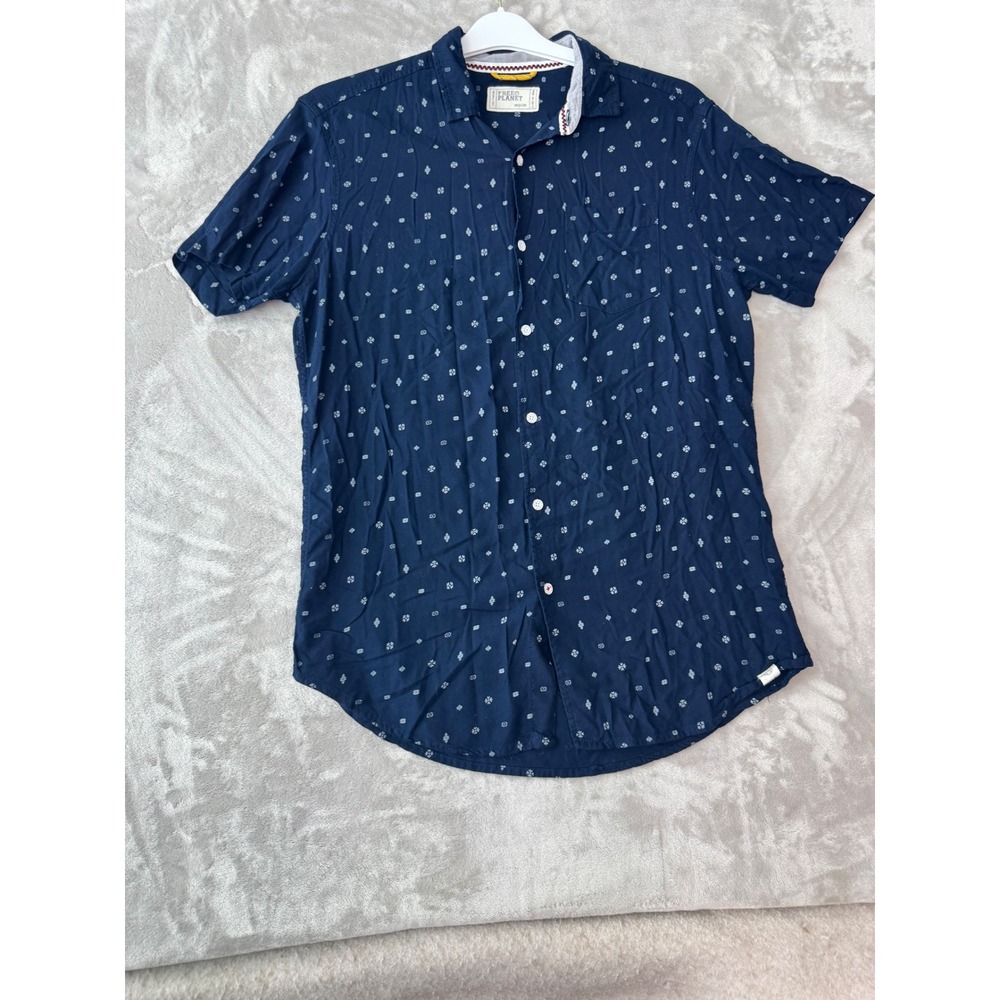 Free Planet Mens Navy Blue Geometric Print Viscose Short Sleeve Shirt Medium
